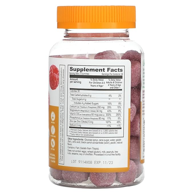 Lifeable Kids Calcium Magnesium &amp Zinc + Vitamin D3 Gummies Natural Raspberry 60 Gummies