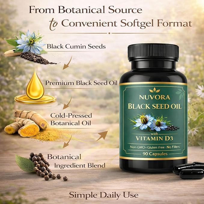 Nuvora Black Seed Oil1000mg with Turmeric &amp Black Pepper Extract Standardized 5% Thymoquinone Supports Overall Wellness &amp Antioxidant Health Non-GMO Gluten Free 90 Softgels (1PC)