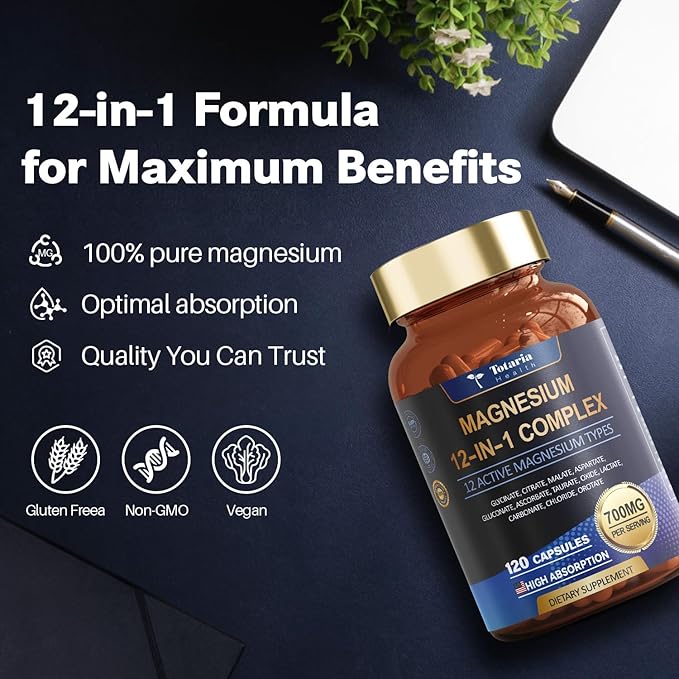 Magnesium Complex 700mg 12 in 1 Magnesium Supplement with Glycinate Citrate Malate Oxide Taurate Aspartate Orotate Magnesium RelaxationMuscleHeart Support Vegan 120 Capsules 2PK