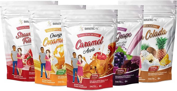BariatricPal Sugar-Free Calcium Citrate Soft Chews 500mg with Probiotics - Fruit Flavored Variety Pack