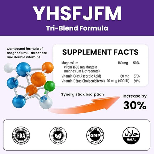 2000mg Magnesium L-Threonate with Vitamin C &amp D3-120 Vegetarian Caps (2-Month Supply) - High Absorption Complex - Non-GMO Gluten/Soy-Free - Supports Bone Health Relaxation &amp Wellness