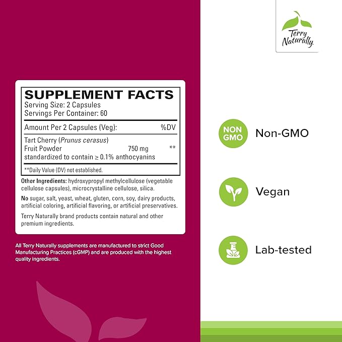 Terry Naturally Tart Cherry - Antioxidant Supplement to Support Healthy Uric Acid Balance &amp Joint Health - Nutritional Supplement - Dietary Supplement to Aid Recovery After Exercise - 120 Capsules