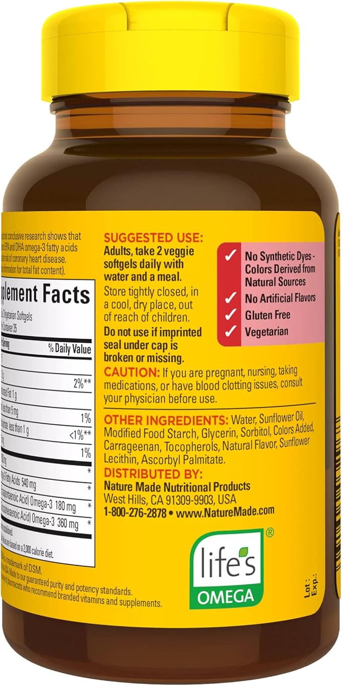 Nature Made Algae Oil Omega 3 Supplement 540mg Omega 3 Fish Oil Alternative 70 Veggie Softgels Sustainable Plant-Based for Healthy Heart Brain and Eye Support 70 Softgels(Pack of 2)
