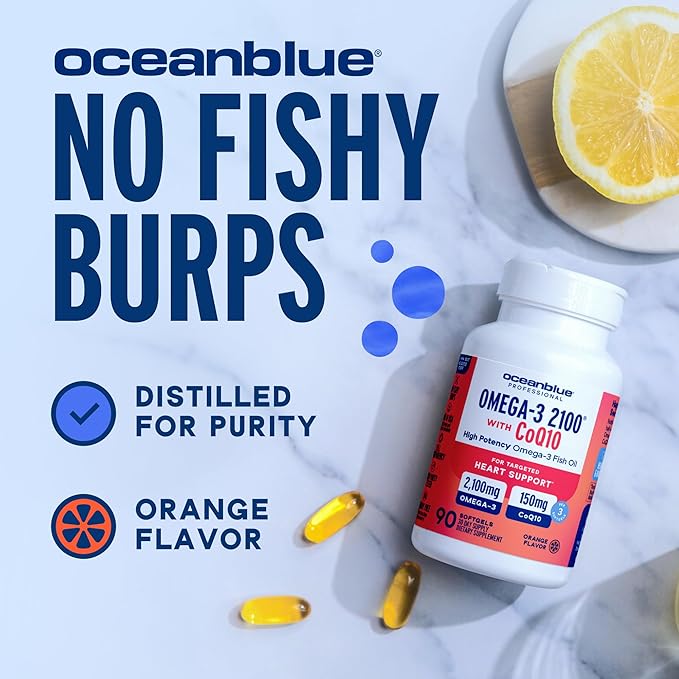 Oceanblue Omega-3 2100 Bundle – CoQ10 90ct + Triple Strength 60ct – High-Potency EPA DHA &amp DPA – Heart &amp Brain Support – Orange Flavor Burpless Fish Oil - 2 Pack