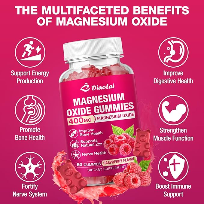 Magnesium Oxide Gummies 400mg for Nerve &amp Muscle Support - Chewable Supplement for Adults &amp Kids Sugar-Free Non-GMO Raspberry Flavor 120 Count