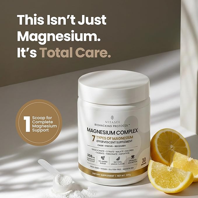 VITASEI Magnesium Total Care – 7 Types Magnesium Powder with Aspartate Chloride Citrate Bisglycinate Malate Threonate Taurate for Calm Focus &amp Recovery – 10.58 oz (30 Servings)