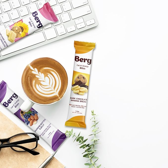 Berg Bites Plant-Based Almond Butter &amp Jelly Bites Vegan Gluten-Free 6g Protein 5g Fiber Energy Snack Box - Clean Energy Healthy Snack Bar - 1.5oz (8 Pack)