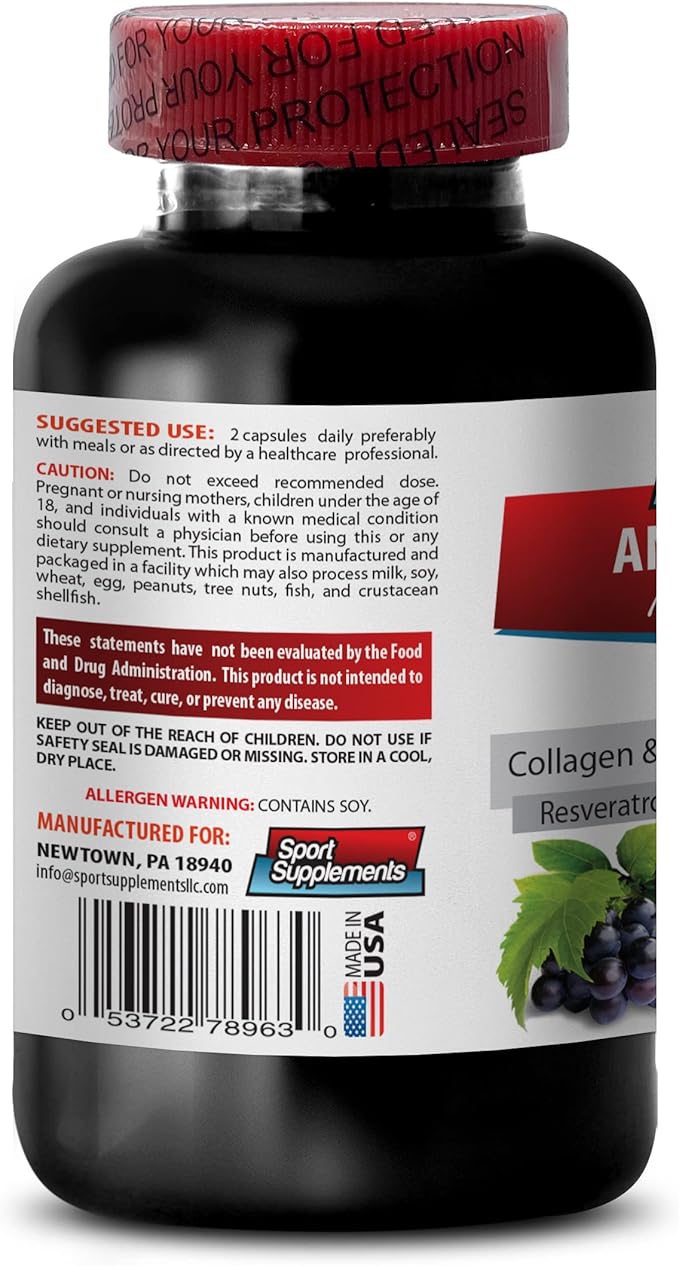 Resveratrol 250 - Anti-Wrinkle Pills - Anti aging skin care for women collagen anti wrinkle pills aloe vera juice for skin aloe vera capsules organic hauloronic acid vitamins 1 Bot 60 Capsules