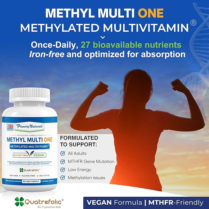 Power By Naturals Methyl Multi One – Iron-Free Methylated Multivitamin for Men &amp Women with B12 Methylcobalamin P5P Folate (5-MTHF) CoQ10 &amp Zinc for Energy &amp MTHFR Support 60 Capsules