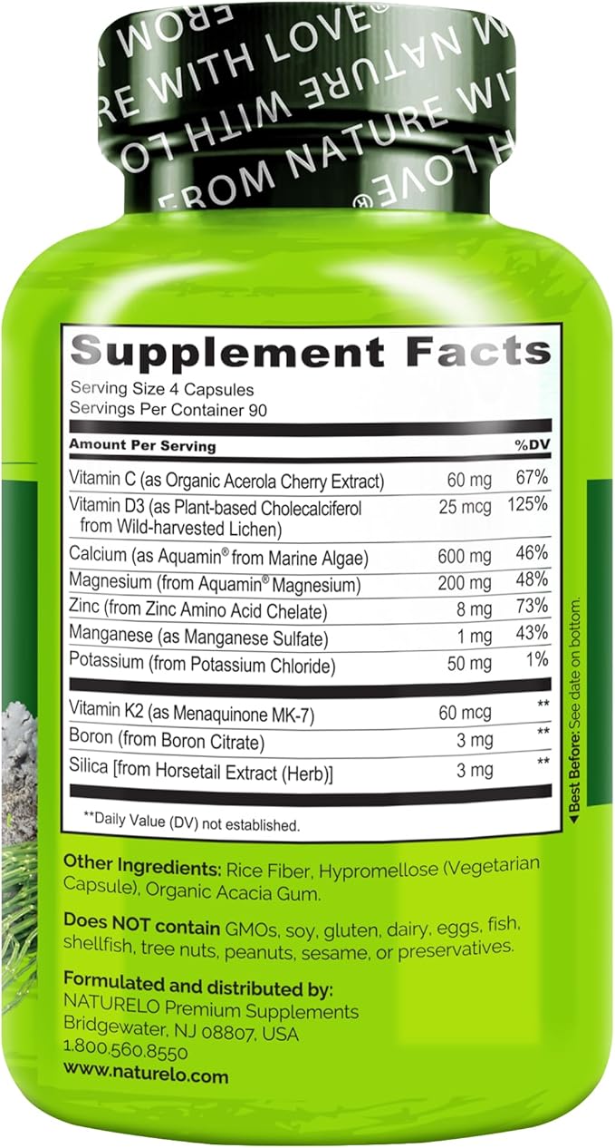 NATURELO Calcium Supplement - with Vitamin C Vitamin D3 K2 and Calcium Magnesium Zinc for Bone Strength with Calcium 600mg - Plant-Based 360 Vegetarian Capsules Non-GMO Soy &amp Gluten-Free