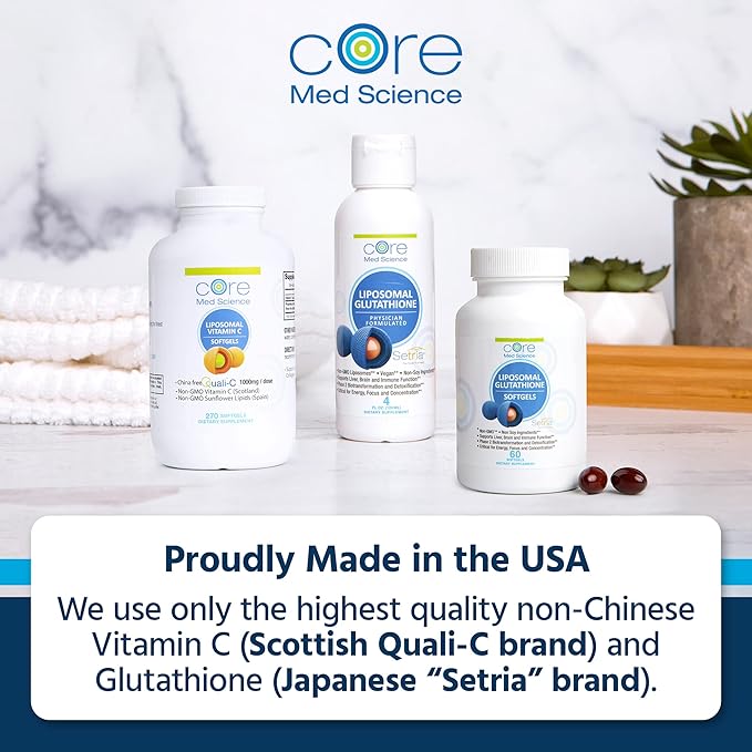 Core Med Science Liposomal Glutathione Supplement (500mg 60 Softgels) - Pure Reduced Setria with Phospholipid Complex - Antioxidant Supplement for Energy and Skin