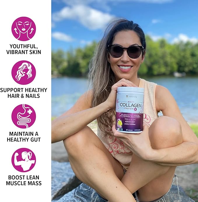 Multi Collagen Peptides Powder for Women - Hydrolyzed Flavored Collagen Powder for Women with Types I II III V &amp X Vitamin C &amp Hyaluronic Acid for Hair Skin and Nails (Pink Lemonade) - 30 Serv