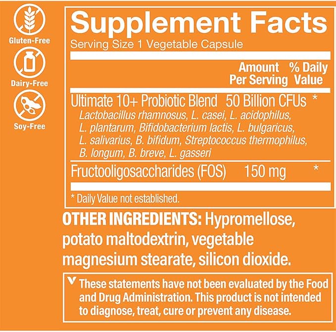 The Vitamin Shoppe Ultimate 10+ Probiotics 50 Billion CFU - 10 Probiotic Strains for Digestive Health Immune &amp Gut Support (30 Vegetable Capsules)