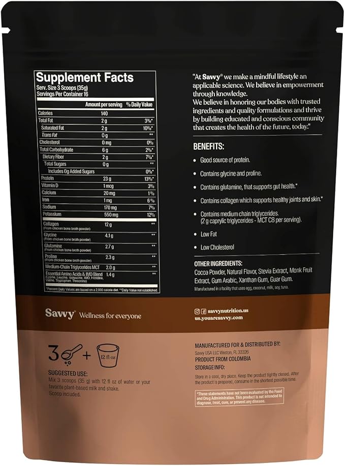 SAVVY Bone Broth Power Chocolate Protein Powder 23g Protein 12g Collagen &amp Gut Balance Probiotics for Women &amp Men 15 Billion CFU 7 Clinically Studied Strains Digestive Health Immune Supp