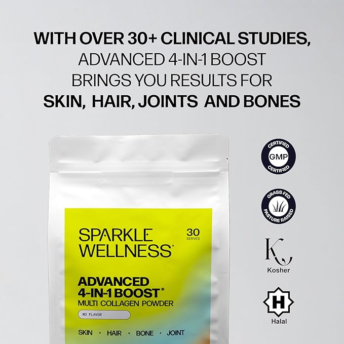 Sparkle Wellness Advanced 4 in 1 Boost | Clinically Tested Multi Collagen Powder with VERISOL FORTIBONE FORTIGEL TENDORFORTE | Skin Hair Bone Joint Health | No Flavor