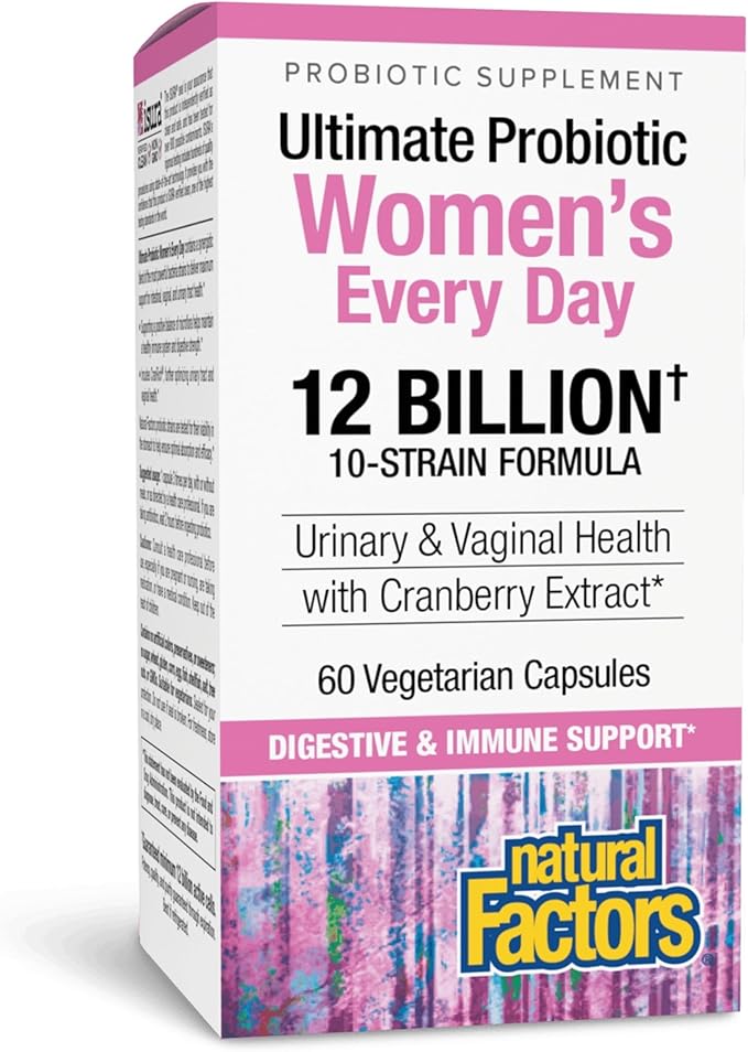Natural Factors Ultimate Probiotic Women's Every Day - Digestive Health Support Supplement - Probiotic Supplement for Urinary Tract &amp Vaginal Health Support - 60 Vegetarian Capsules (60 Servings)