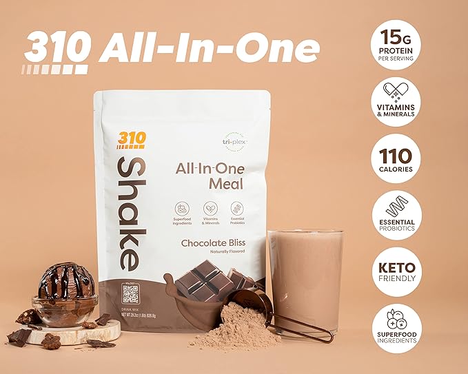 310 Nutrition Meal Replacement Shake Powder Starter Kit with Shaker Cup – Vegan Protein Fiber &amp Superfood Blend – Sugar-Free Low Carb Keto &amp Paleo Friendly – Chocolate Bliss - 14 Servings