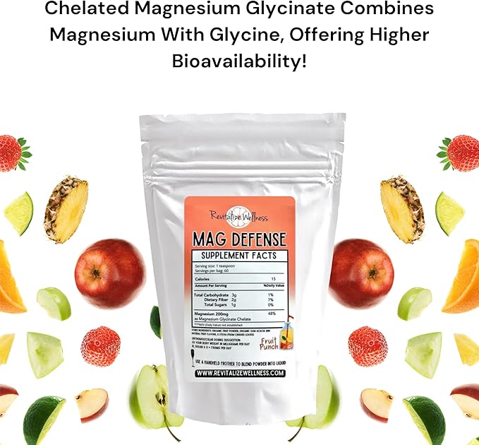 Mag Defense Powder | Orthomolecular Dose of Magnesium 200 mg as Magnesium Glycinate Chelate | Pure Corn Free &amp GMO-Free | Fruit Punch Flavor | 60 Servings