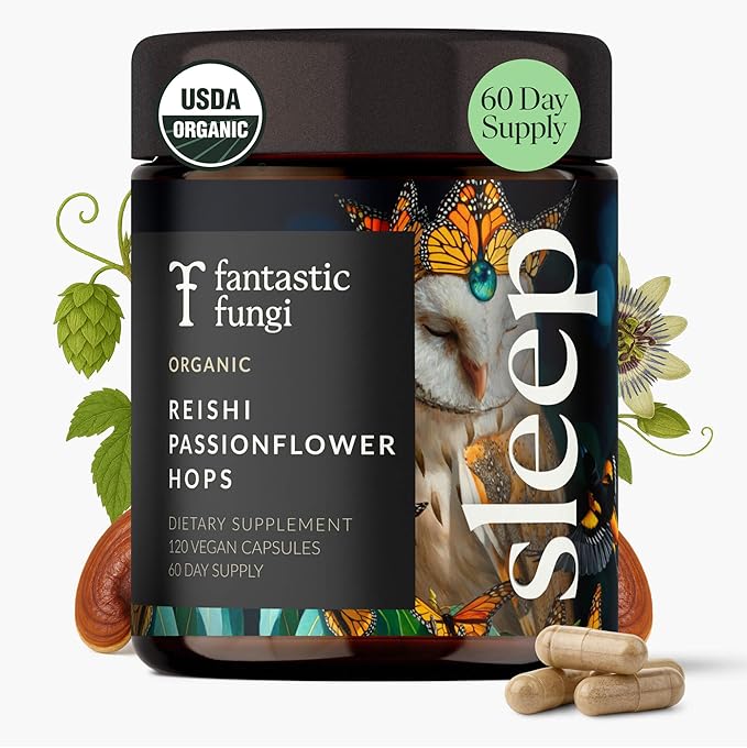 Fantastic Fungi Reishi Mushroom Capsules - Sleep Supplement for Adults with Red Reishi Mushroom Extract Passionflower &amp Hops - Adaptogenic 100% USDA Organic Complex Vegan 120 Caps (2-Month Sup
