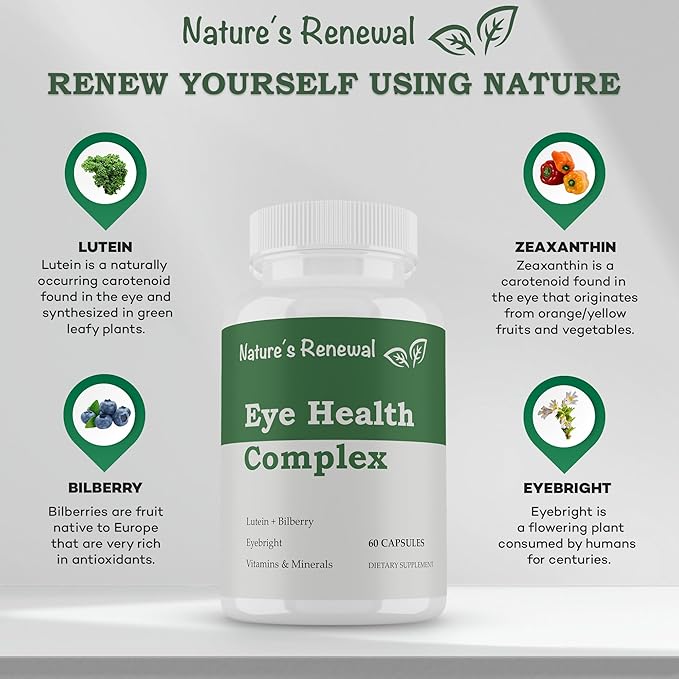 Nature's Renewal Eye Health Complex Supplement - Lutein Zeaxanthin Lycopene Bilberry Eyebright Carotenoids Macular Support Herbs Sight Care Vitamins Vision Antioxidants - 60 Capsules