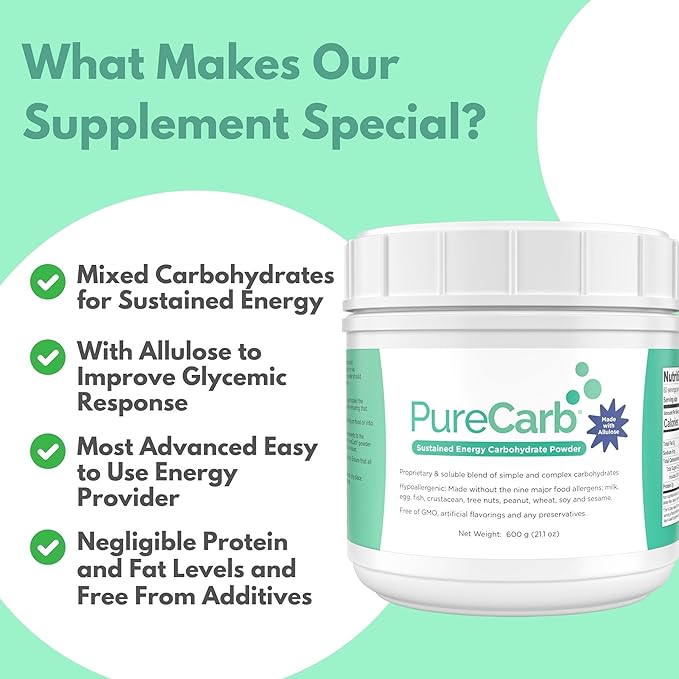 PureCarb Sustained Energy Carbohydrate Post &amp Pre Workout Supplement Powder Allergen-Free Energy Powder with Simple &amp Complex Carbohydrates and Low Glycemic Index 600g
