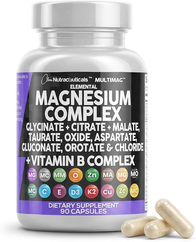 Clean Nutraceuticals Magnesium Complex with Magnesium Glycinate Citrate Malate Oxide Taurate Aspartate Orotate &amp Mag Chloride Zinc Copper Manganese &amp Vitamin C B1 B2 B6 B12 Complex - 1Pack