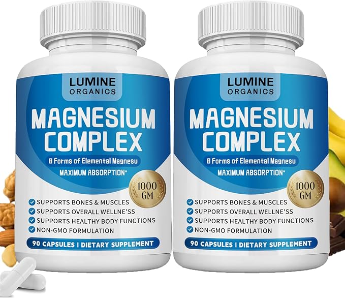 2PCSLumine Organics Magnesium Complex Supplement 1000mg - Advanced 8-in-1 Magnesium Blend - Glycinate Citrate Malate Taurate etc.– High Absorption Formula – Non-GMO 90 Capsules (2)
