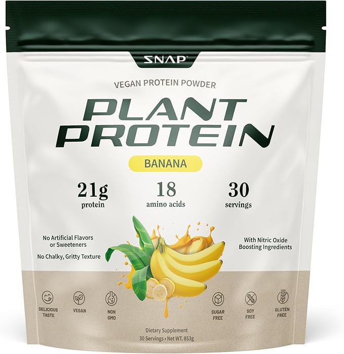 Snap Supplements Organic Plant Based Vegan Protein Powder Nitric Oxide Boosting Protein Powder BCAA Amino Acid for Muscle Growth Performance &amp Recovery - 30 Servings (Banana)