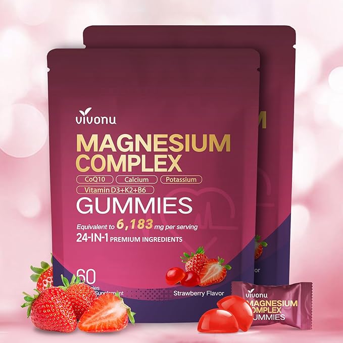24-in-1 Magnesium Gummies 6183mg Magnesium Complex for Women and Men &amp Kids with Magnesiums Glycinate Citrate Malate Vitamin D3 K2 CoQ10 Zinc Potassium Sleep Heart Support Strawberry 2 Ba