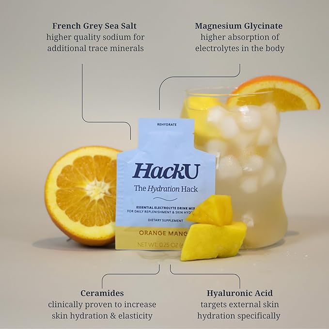 HackU Hydration Hack Electrolyte &amp Skin Hydration Packets – Sugar Free Bloat-Free Drink Mix with Magnesium Hyaluronic Acid &amp Ceramides for Daily Glow &amp Moisture Support