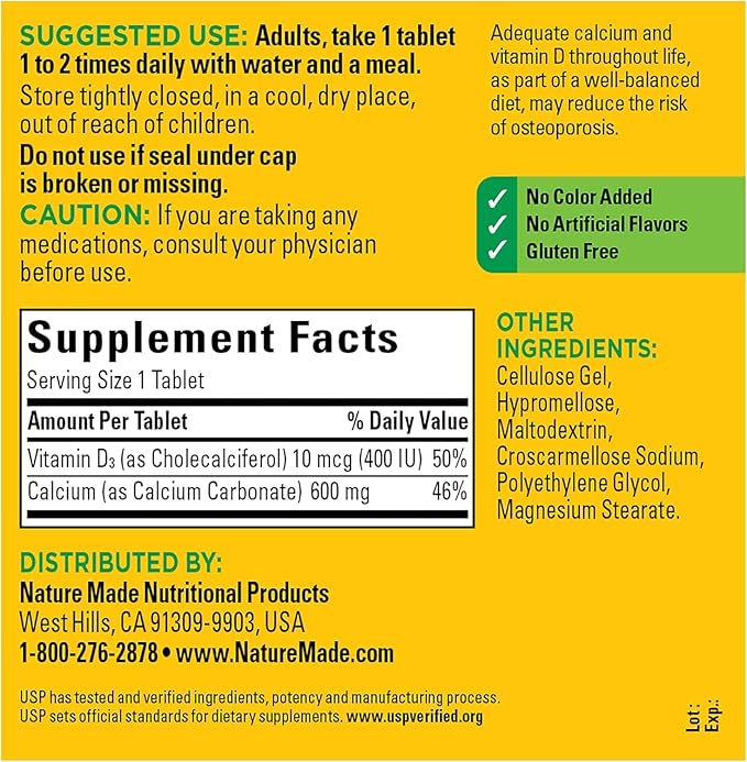 Nature Made Calcium 600 mg with Vitamin D3 Dietary Supplement for Bone Support 220 Tablets - Pack of 2