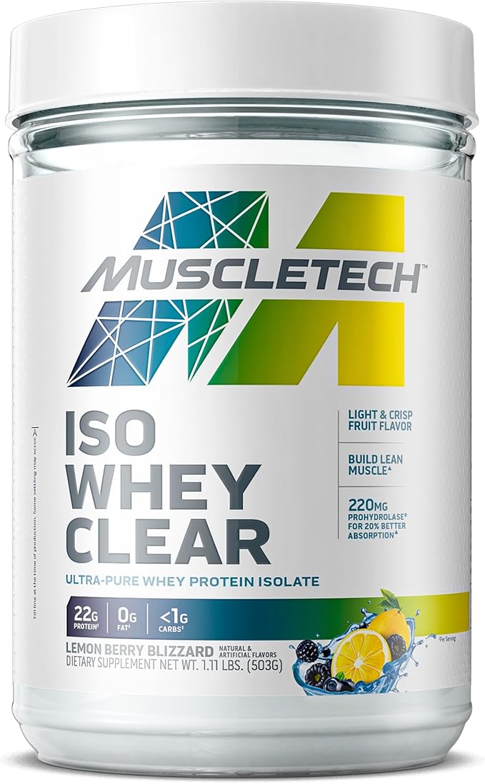 MuscleTech Whey Protein Powder Clear Whey Protein Isolate Whey Isolate Protein Powder for Women &amp Men Clear Protein Drink 22g of Protein 90 Calories Lemon Berry Blizzard 1.1lb(19 Servings)