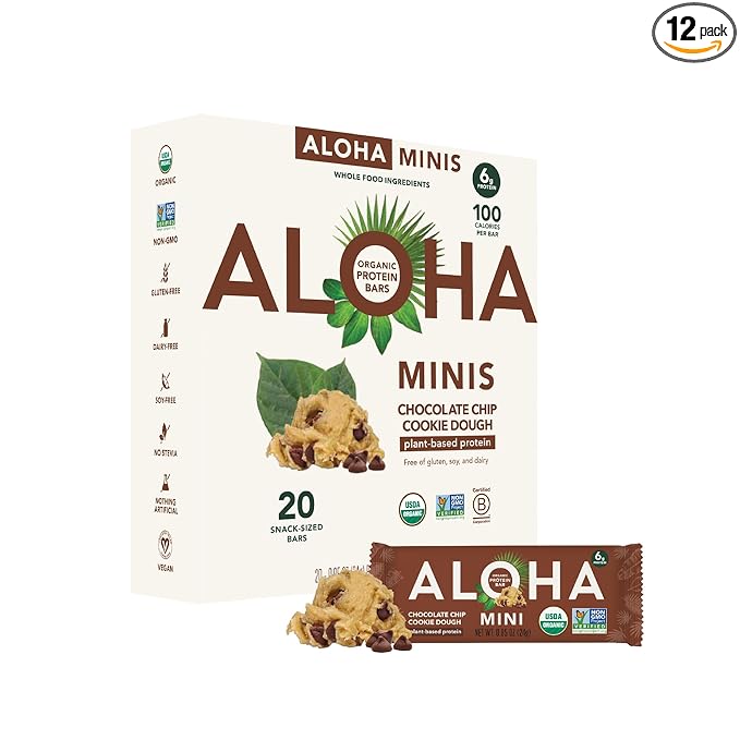 ALOHA Organic Plant Based Protein Bar MINIS |Chocolate Chip Cookie Dough| 20 Count 24g Bars | Vegan Low Sugar Gluten Free Paleo Low Carb Non-GMO Stevia Free Soy Free No Sugar Alcohols