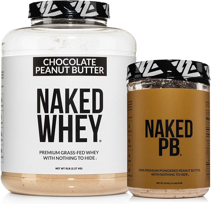NAKED Whey Chocolate Peanut Butter Protein Powder (52 Servings) + PB Powdered Peanut Butter 1.5LB (45 Servings) – Grass-Fed Non-GMO Gluten Free Soy Free Bulk