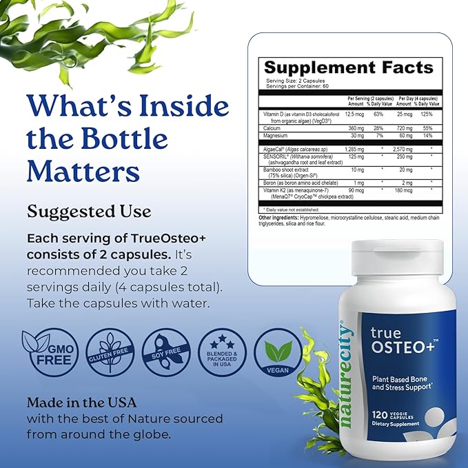 NatureCity True-Osteo+ Bone Support with Ashwagandha – for Strength &amp Density – Plant-Based Calcium with Organic AlgaeCal Magnesium Vitamin D3 K2 Silicon &amp Stress Support | 240 Veggie Caps