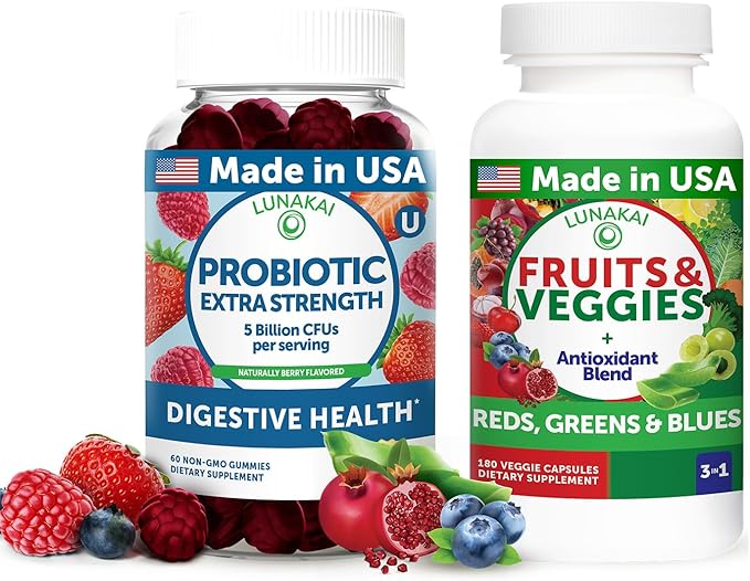 Lunakai USA Made Probiotic Gummies &amp Fruits &amp Veggies Capsules – Digestive &amp Whole-Body Wellness Support – 60 Gummies &amp 180 Veggie Capsules