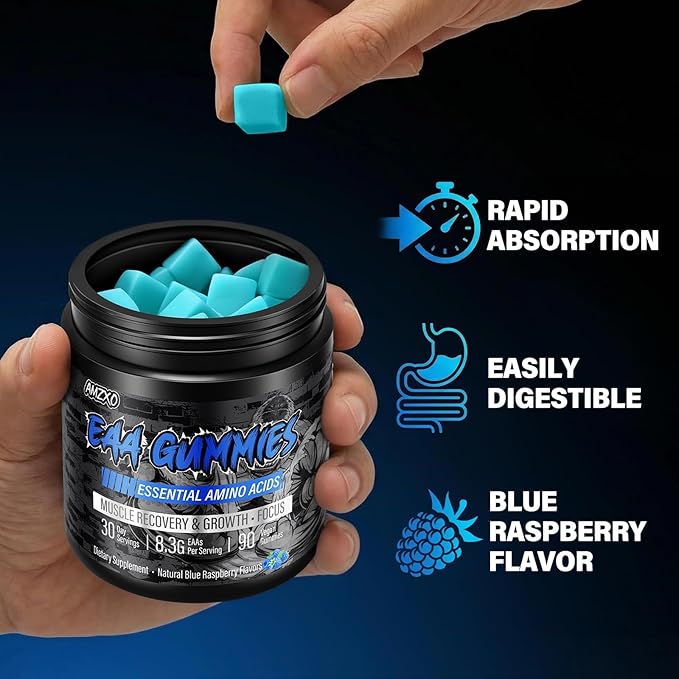EAA Gummies - 2:1:1 BCAA Formula (8300mg) - Essential Amino Acids for Muscle Recovery &amp Endurance - Non-GMO Gluten Free Sugar Free Vegetarian Blue Raspberry Flavor - 90 Count