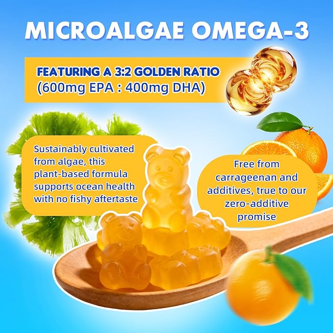 2 Pack Vegan Omega-3 Gummies - 1600mg with 600mg EPA &amp 400mg DHA. High Absorption Formula. Delicious Orange Flavor - 120 Gummies