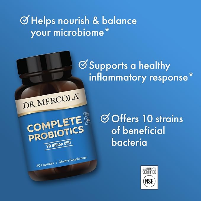 Dr. Mercola Complete Probiotics - 70 Billion CFU - Supports Immune Digestive &amp Gut Health - Features 10 Strains - Shelf Stable - GMO-Free Gluten-Free &amp Soy-Free - 30 Capsules (30 Servings)