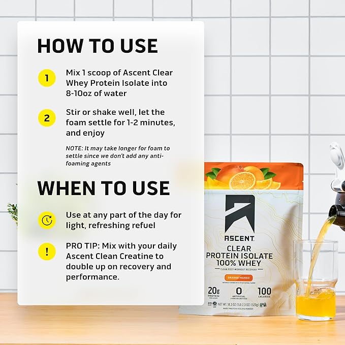 Ascent 100% Clear Whey Protein Powder - Post Workout Zero Artificial Flavors &amp Sweeteners Gluten Free 5.5g BCAA 2.1g Leucine Essential Amino Acids Orange Mango 20 Servings