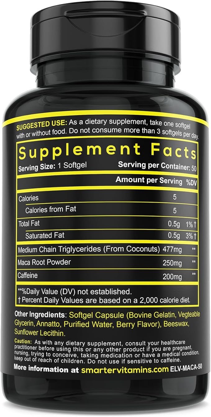 (3 Pack) Smarter Energy Pills 200mg Caffeine &amp Coconut MCT Oil with Maca Root 150 Liquid Softgels
