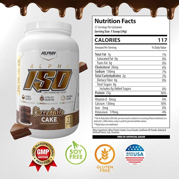 Alpha Supps ISO Low Carb 100% Whey Protein Isolate Powder 25 Grams Per Serving Helps Support Muscle Growth Low Sugar and Gluten Free (Chocolate Cake 2 lb)