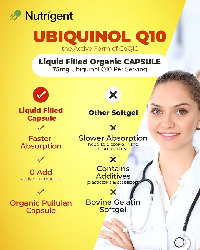 Ubiquinol 75mg CoQ10 High Absorption Water and Fat Soluble Natural Supplement Form of Coenzyme Q10 Antioxidant for Heart Health &amp Energy Production 30 Capsules
