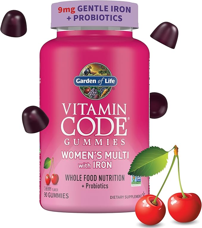 Garden of Life Vitamin Code Women’s Multivitamin Gummy with Iron: Folate Biotin D3 &amp B12 for Hair Skin &amp Nails + Probiotics for Immune Health &amp Digestion Non-GMO Gluten-Free 90 Cherr