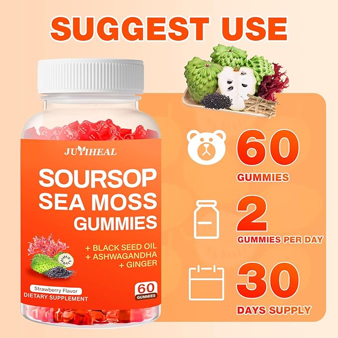 10-in-1 Soursop Graviola with Sea Moss Gummies Soursop Leaves Extract with Vitamin C Zinc for Immunity and Antioxidant Gluten Free Vegan 60 Gummies 2Pack