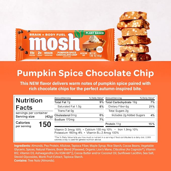 MOSH Pumpkin Spice Chocolate Chip Vegan Protein Bars Plant Based Keto Gluten-Free Brain Healthy Snack with Cognizin Ashwagandha and Lion's Mane 12 Count