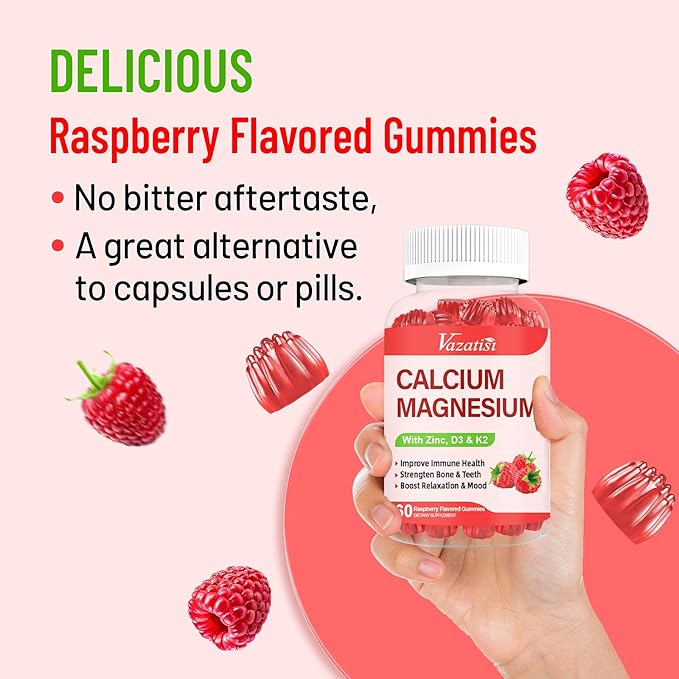 Calcium Magnesium Zinc Gummies with Vitamin D3 &amp K2 High Absorption Magnesium Glycinate Potassium for Immune and Calm Mood Raspberry Flavor 120 Gummies