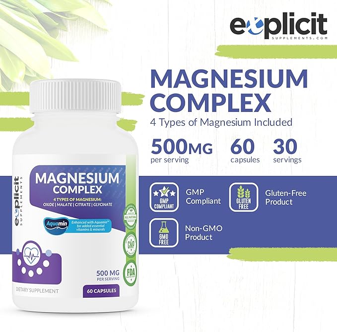 Quad Magnesium Complex Supplement - 500mg of Magnesium Glycinate Malate Oxide &amp Citrate for Support of Muscles Sleep Energy &amp Relaxation - High Absorption with Aquamin - 60 Capsules