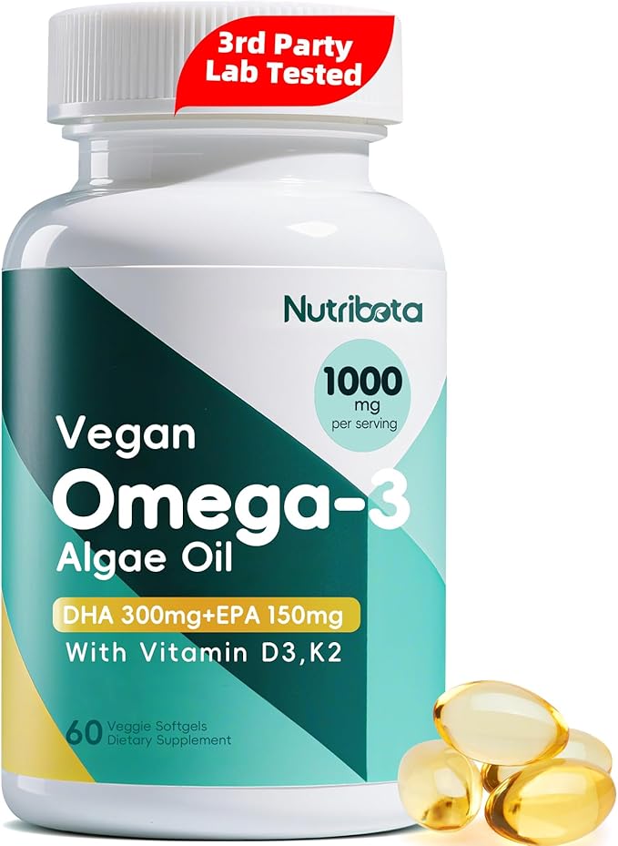 Vegan Omega-3 Algae Oil Supplement with DHA 300mg &amp EPA 150mg Plant-Based Omega-3 with Vitamin D3 &amp K2 Fish-Free Algal Oil Softgels for Men &amp Women 60 Softgels 30 Day Supply