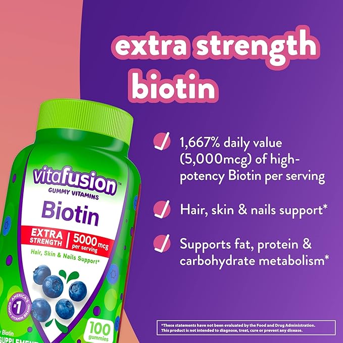 Vitafusion Extra Strength 5000 mcg Biotin and 1000 mcg B12 Gummy Vitamins America's Number 1 Gummy Vitamin Brand 50 and 70 Day Supply